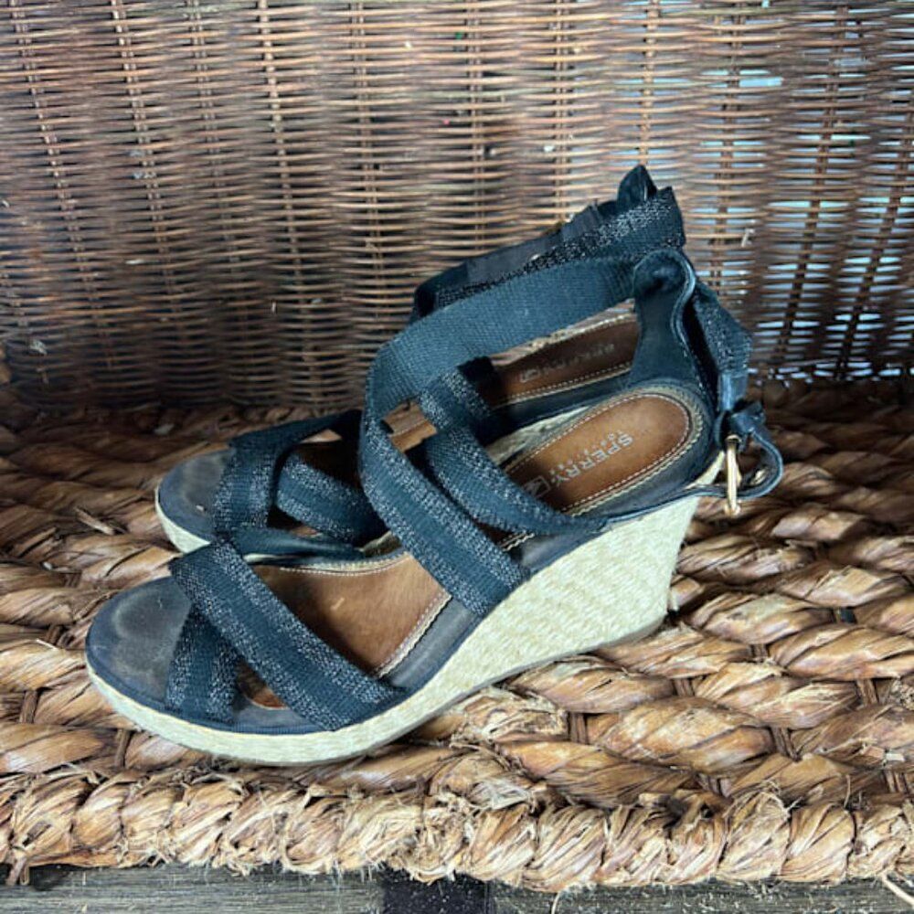 Sperry Women's Black Strappy Top Sider Wedges Sandals Size 8.5 - Picture 2 of 7